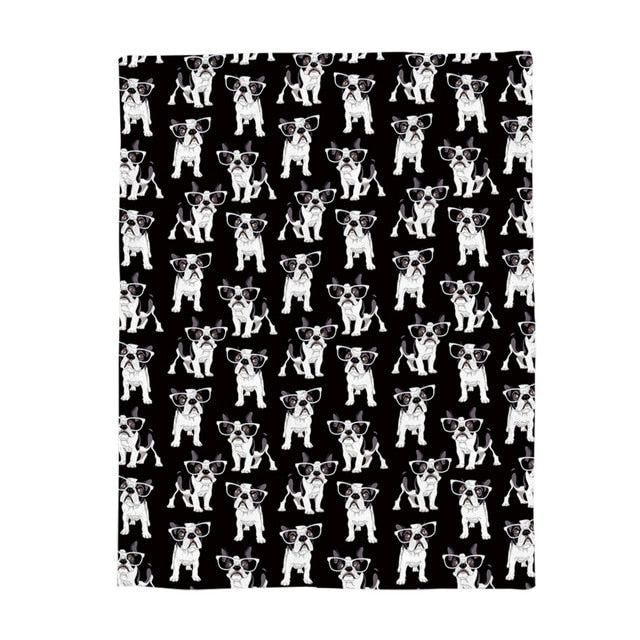 'Frenchie In Spectacles' Patterned Print Fleece Throw